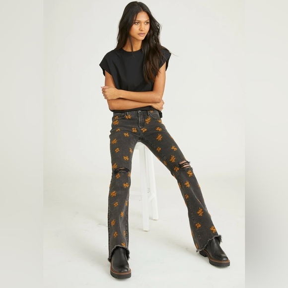 DRIFTWOOD Black and Orange Floral Flare Jeans - Picture 1 of 15